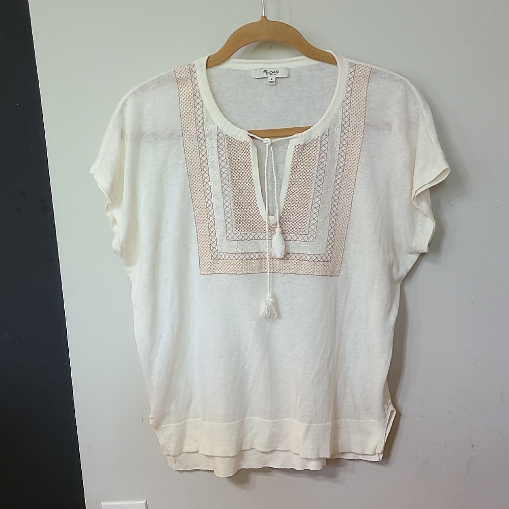 Madewell Cream Gauze Knit Embroidered Women's Top Size Small